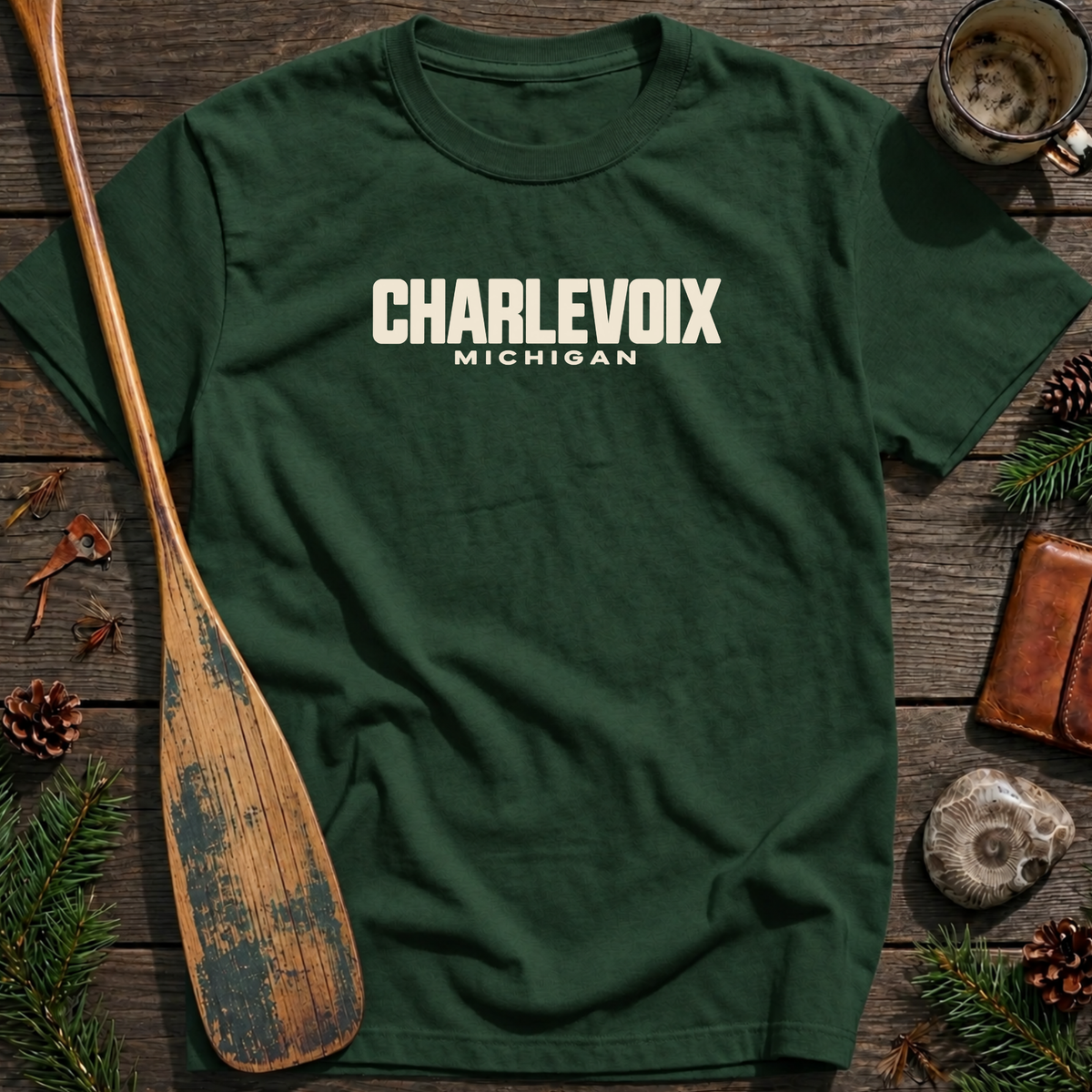 Charlevoix Michigan Vintage Industrial Text T‑Shirt