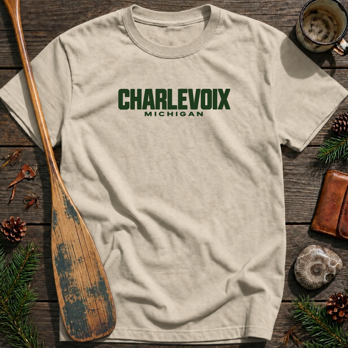 Charlevoix Michigan Vintage Industrial Text T‑Shirt