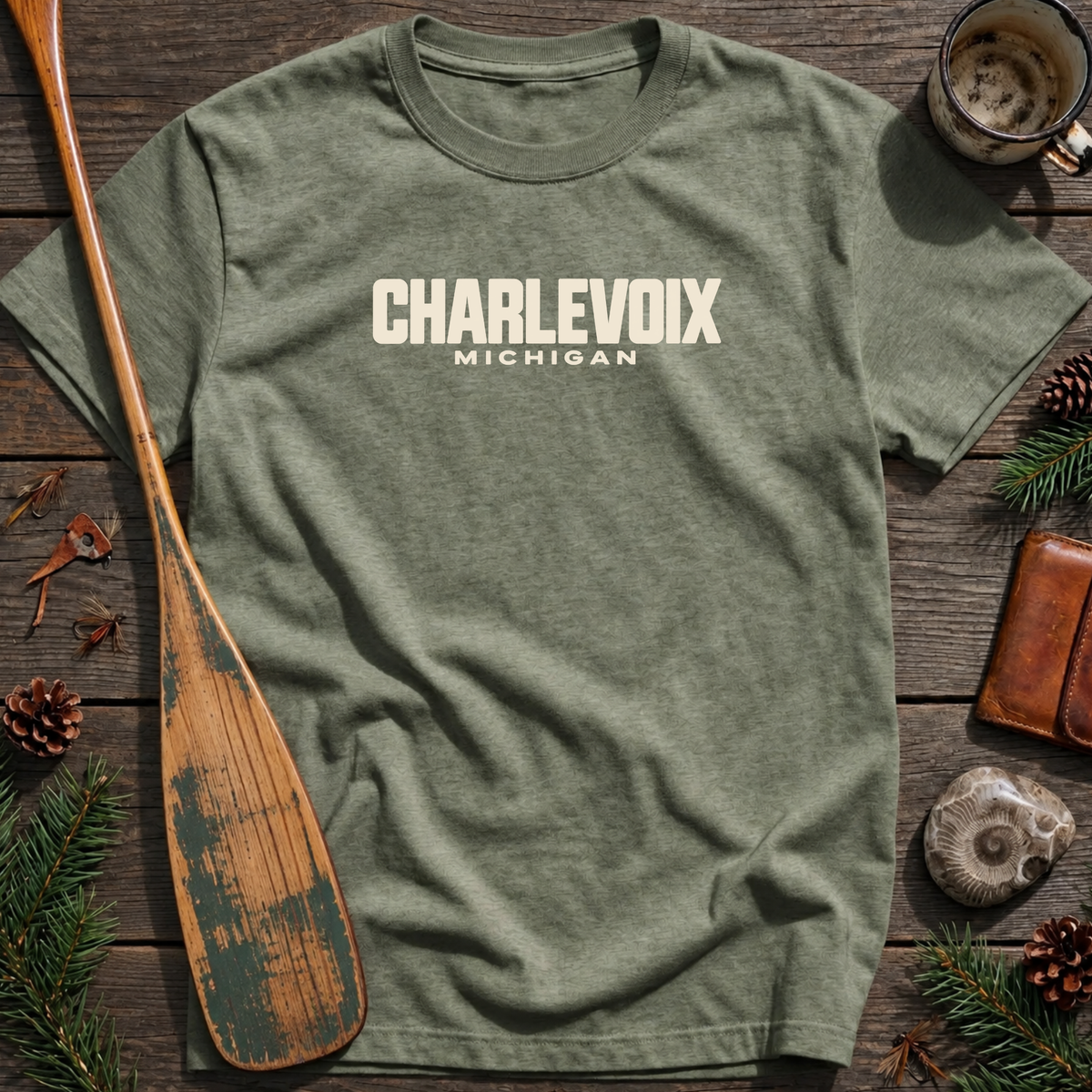 Charlevoix Michigan Vintage Industrial Text T‑Shirt